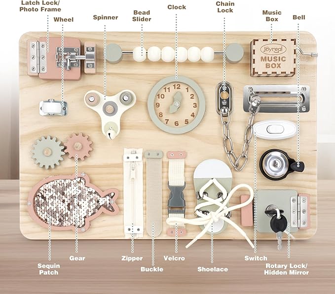 Joyreal Montessori Large Busy Board with Stand, Montessori Sensory Toys for Fine Motor Skills, Wooden Fidget Activity Board for Toddlers, Gifts for Boys Girls (Large Neutral)