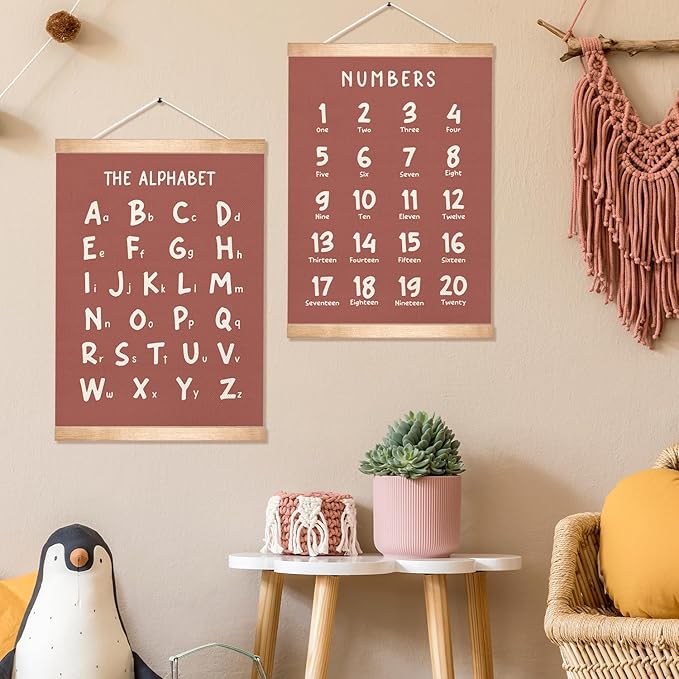 Educational Wall Art Set of 2, Numbers 1-20 and Alphabet Chart, Learning Posters for Kids,ABC Banner Poster, Banner Wall Hanging Decor for Toddler Room Playroom Nursery Wall Classroom Decor (Brown)