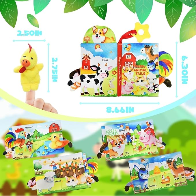 Farm Crinkle Books for Babies with 10 Finger Puppets Set, Touch and Feel Cloth Soft Farm Animal Tail Baby Books 0-6 Months with Teething Toy, Infant Toys 6-12 Months, Baby Christmas Shower Gifts