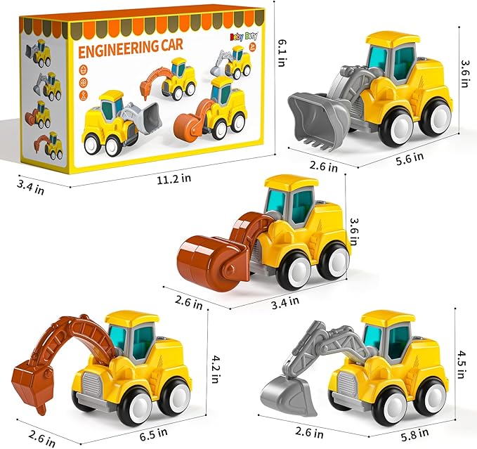 Press and Go Construction Vehicle Trucks Toys for Toddlers 2-4, 4 PCS Car Trucks for Boys Girls with Flexible Joints, Kids Toddlers Toys for 3 4 5 6 Years Old Boys Girls Birthday Gifts