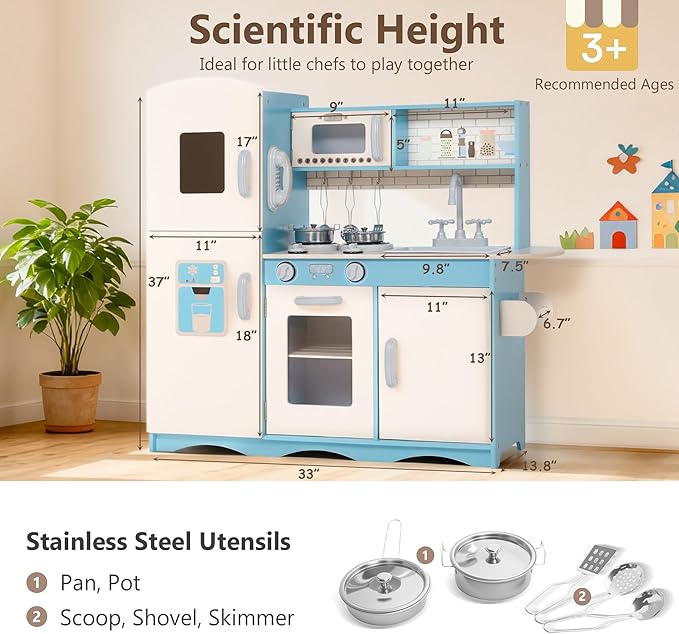 Kinder King Wooden Kids Play Kitchen, Toy Kitchen Playset for Toddler, Pretend Oven, Microwave, Telephone, Chalkboard, Interactive Doors, Knobs, Realistic Kitchen Sets for Boys Girls Age 3+, Blue