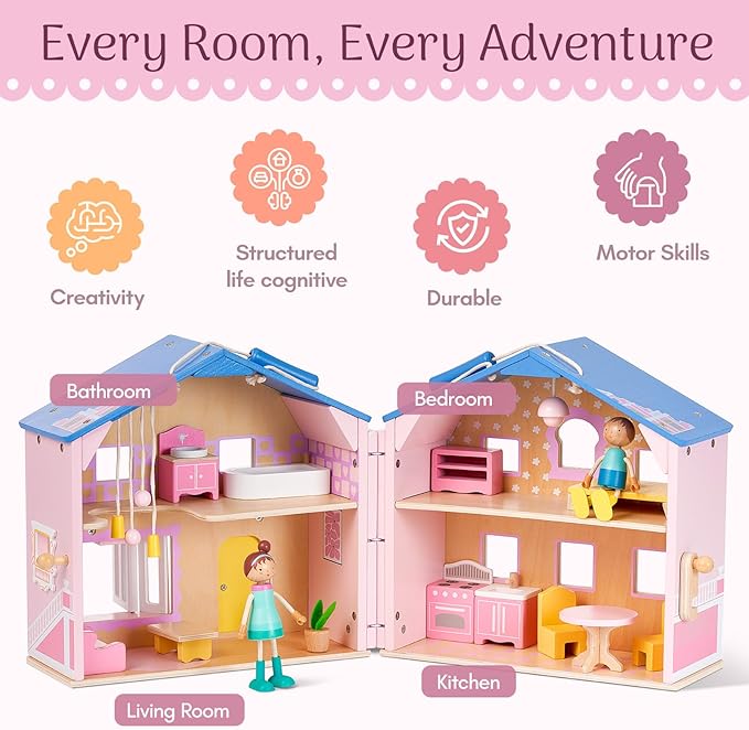 Giant bean Exquisite Pink Wooden Dollhouse for Girls with 2 Dolls and 12pcs Wooden Furniture,Foldable and Portable Pretend Play House Set with Handle, Christmas Birthday Gift for Girls Kids Age 3+