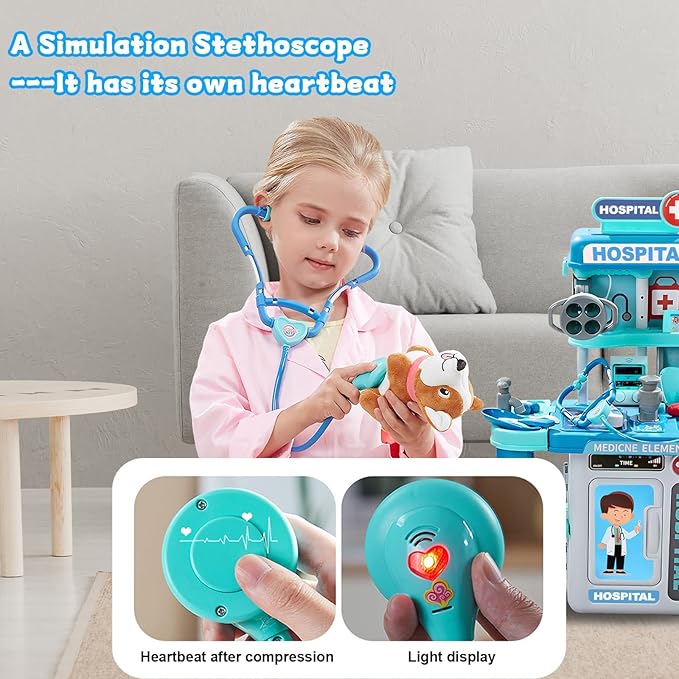 Doctor Kit for Kids 3-5, Toddler Play Set with Rolling Cart, Costume, and Stethoscope, Role Play Kids Doctors Set (Blue)