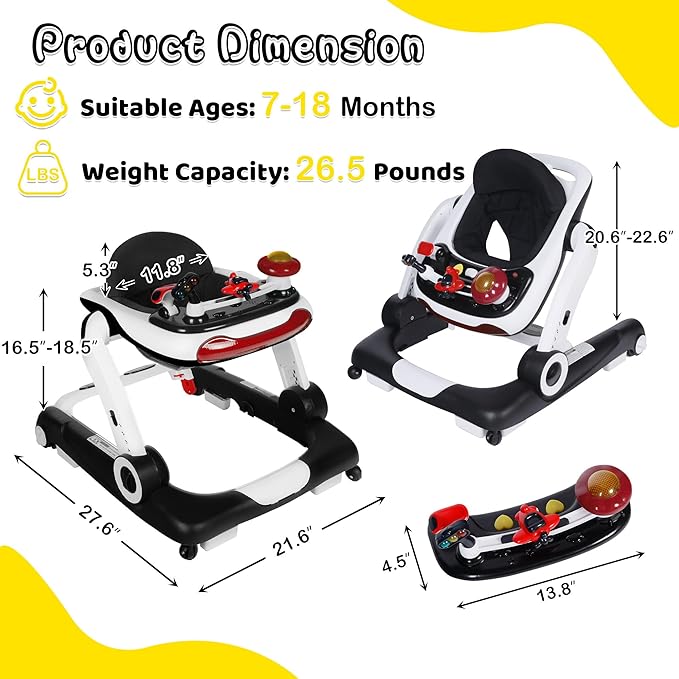 6 in 1 Baby Walker, Baby Activity Center for Toddler, Walker Rocker Bouncer w/Adjustable Height Speed, Learning-Seated & Walk-Behind, Infant Walker w/Feeding Tray & Music Toys, Black