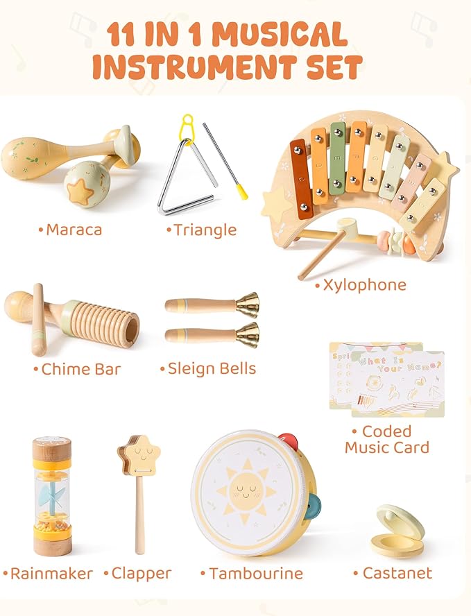 ROBOTIME Baby Musical Instruments Set, 11 PCS Wooden Toddler Musical Toys with Xylophone Percussion Instruments, Montessori Musical Toys for Preschool Kids Girls Boys