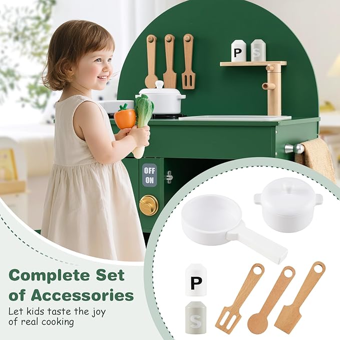 Costzon Kids Kitchen Playset, Little Chef Pretend Play Kitchen w/Stoves, Faucet, Sink, Microwave, Cabinet, Oven & Cooking Accessories, Wooden Play Kitchen for Kids 3+ Years Old (Green)