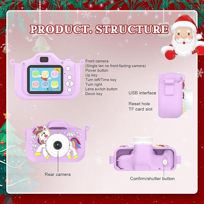 Kids Camera for 3-9 Year Old Boys Girls, Children Digital Camera with Cute Cartoon Soft Cover & 32GB SD Card, Best Christmas Birthday Gifts for Grandkids, Halloween Party Favors for Kids - Purple