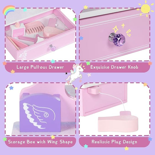 Wooden Vanity Set for Kids, Toddler Tabletop Beauty Salon Play Set w/Accessories & Drawer, Princess Makeup Pretend Play Vanity Table Toy with Mirror for Little Girls Age 3-8