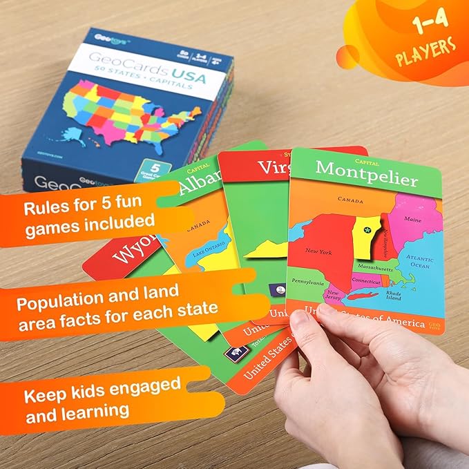 Geotoys GeoCards, USA Flash Cards Geography Game, Kid Card Games for Families, Home, School & Travel - States and Capitals Flash Cards - Fun Kid Games Ages 4 and Up