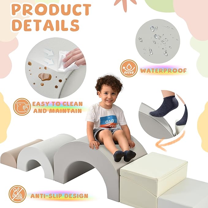 Merax Rainbow Soft Play Set, Soft Climbing Toys for Toddlers with Foldable Slide, Indoor Baby Soft Foam Blocks for Climbing and Crawling, 5-Piece, Cappuccino