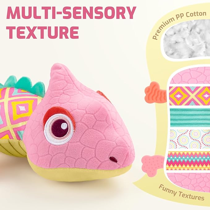 Sumobaby Infant Baby Musical Stuffed Animal Toys for 0-3-6-12 Months,Multi Sensory Toys with Crinkle and Rattles, Tummy Time Toys for Newborn Boys Girls, Dinosaur, Pink