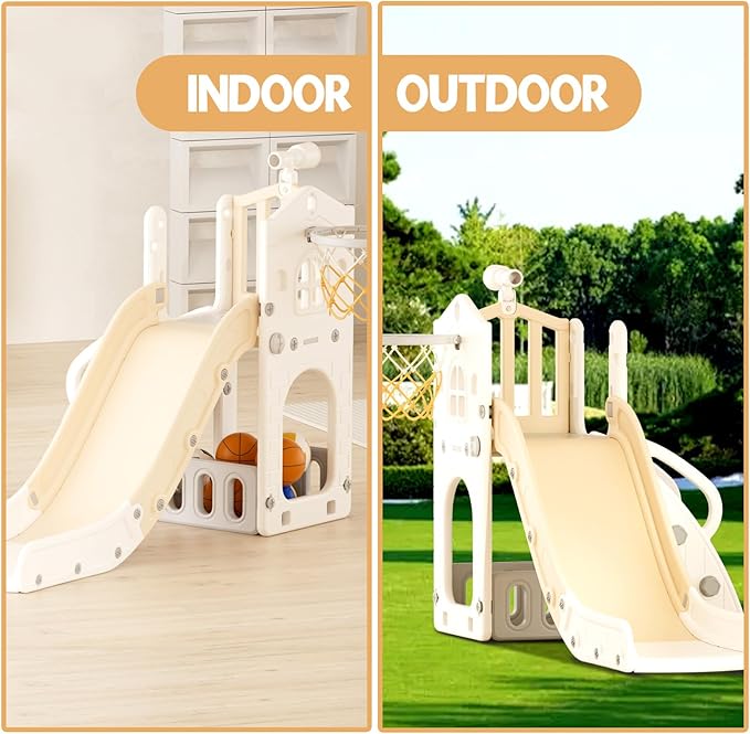 XJD 5 in 1 Toddler Slide, Kids Slide for Toddlers Age 1-3, Outdoor Indoor Playset for Toddlers with Basketball Hoop and Ball, Storage Space Christmas Birthday Gifts for Toddler (Beige)