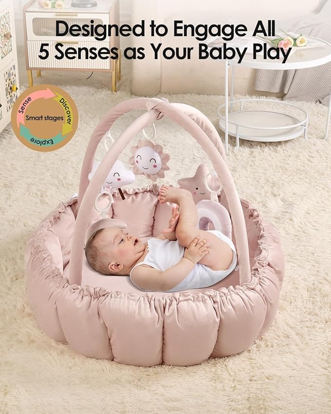 5-in-1 Convertible Baby Gym Play Mat with Hanging Toys, Soft Padded Baby Lounger & Ball Pit, Plush Tummy Time Mat for Newborns to Toddlers, Machine Washable, Pink