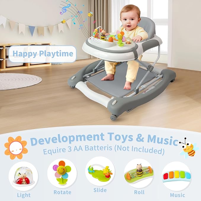 5 in 1 Baby Walker, Music and Lights Walker for Baby Boy Girls 6-12 Months, Foldable Baby Walkers with Wheels and Bouncer Combo Portable, Toddler Infant Walker with Adjustable Height