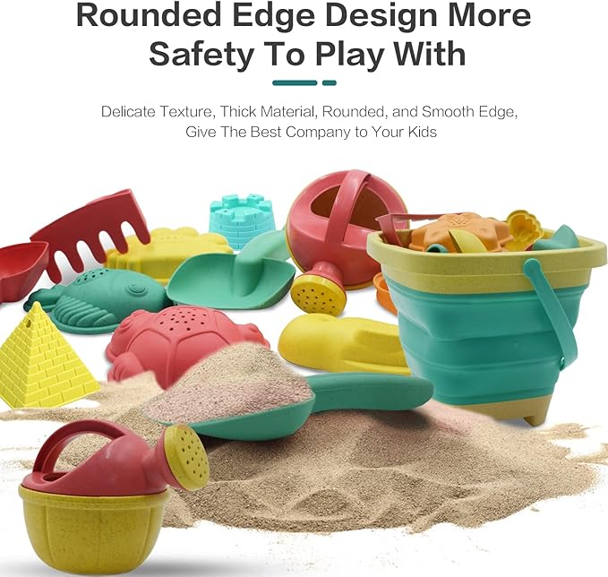 Beach Toys for Kids - Sand Toys Set Includes Collapsible Sand Bucket Shovel and Sand Rake Toy for Beach 12 PCS, Sandbox Toys Sandcastle Building Kit (A)