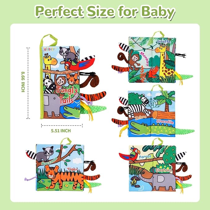HECCEI Baby Cloth Books Soft Baby Book 0-6 Months Crinkle Books with Tail Touch and Feel Sensory Toys for Infant Tummy Time for 3 Months+, Jungle Tails