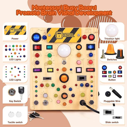 Busy Board with 19 LED Light Switches, Montessori Toys for 1 2 3 Years Old, Wooden Sensory Board, Toddlers Activity Travel Toys for 1 2 3 Year Old Boy & Girl Birthday Gift (Big)