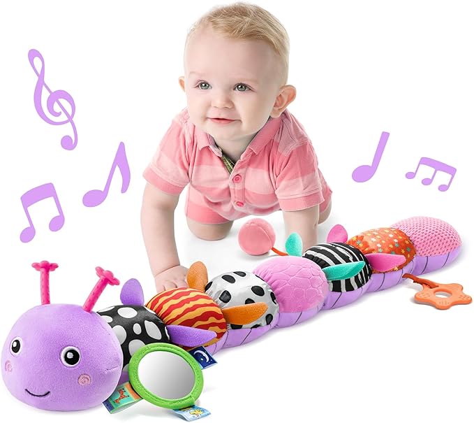 LIGHTDESIRE Baby Toys 6-12 Months Musical Caterpillar,Infant Toys Stuffed Animals with Ruler Design Mirror,Pull String,Crinkle&Rattles,Teething Toys for Tummy Time, Boy Girl Gifts 0-12 Months(Purple)