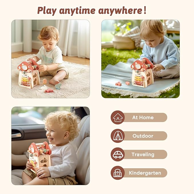 Youuys Wooden Activity Cube - 11-in-1 Montessori Toys for 1+ Year Old Boys & Girls, Multipurpose Educational Sensory Toys for Toddler, First Birthday Gift, Busy Board Toys for 18 Months (Mushroom)