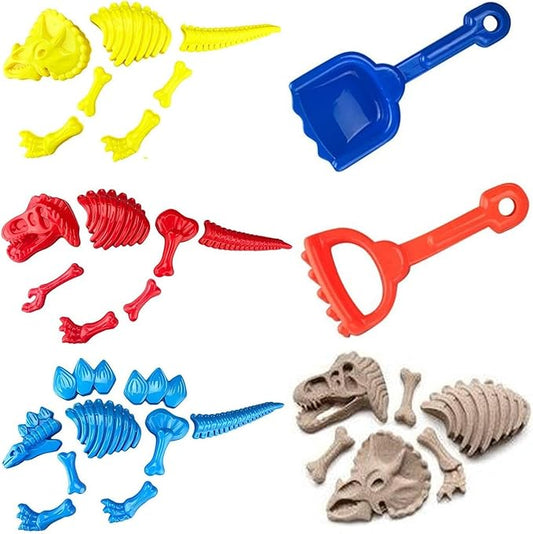 Liberty Imports 3 Pack Large Dinosaur Fossil Sand Molds Beach Toy Set with Rake and Shovel for Kids Summer Outdoors (25 Pcs Playset)