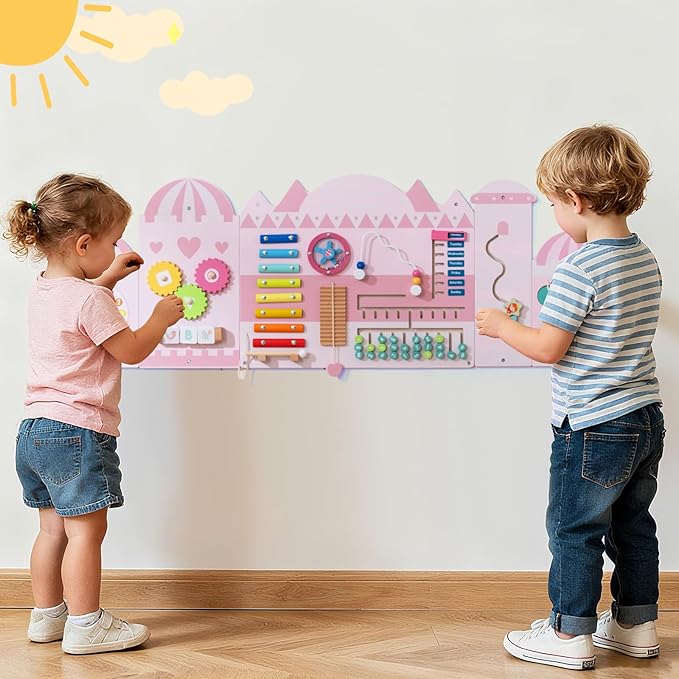 HONEY JOY Castle Activity Wall Busy Board Panels, 11-in-1 Wooden Sensory Wall Panel for Kids, Toddler Learning Activity Center, Ideal for Playroom Daycare Nursery Classroom Dentist Office (Pink)