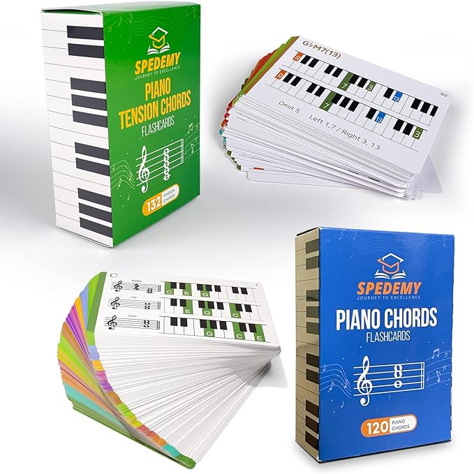 Spedemy Piano Tension Chord Flashcards Set in Gift Box - Piano Chords Chart - ColorCoded Flash Cards for 252 Chords - 21 Frequent Chords, 12 Keys - Fun Educational Flashcards for Piano, Music Learners