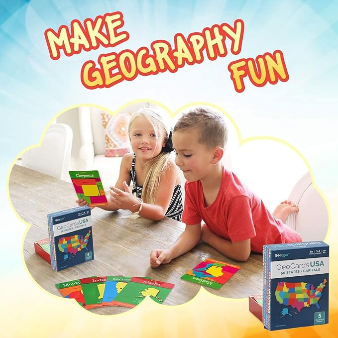 Geotoys GeoCards, USA Flash Cards Geography Game, Kid Card Games for Families, Home, School & Travel - States and Capitals Flash Cards - Fun Kid Games Ages 4 and Up