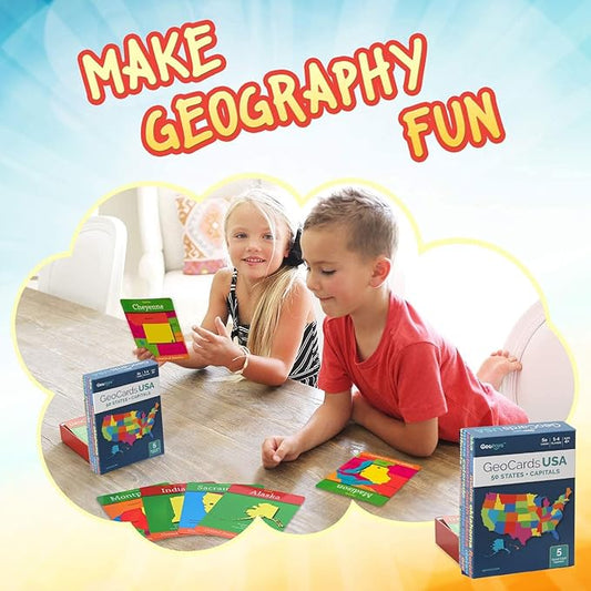 Geotoys GeoCards, USA Flash Cards Geography Game, Kid Card Games for Families, Home, School & Travel - States and Capitals Flash Cards - Fun Kid Games Ages 4 and Up