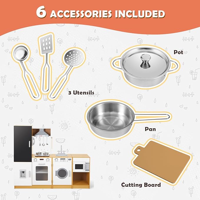 JOYLDIAS Kids Kitchen Playset, Pretend Wooden Toddler Kitchen Playset w/Real Sound and Light, Ice Maker, Oven, Washer, Blackboard, Free Combination & Movable Play Kitchen for Age 3+ Boys and Girls