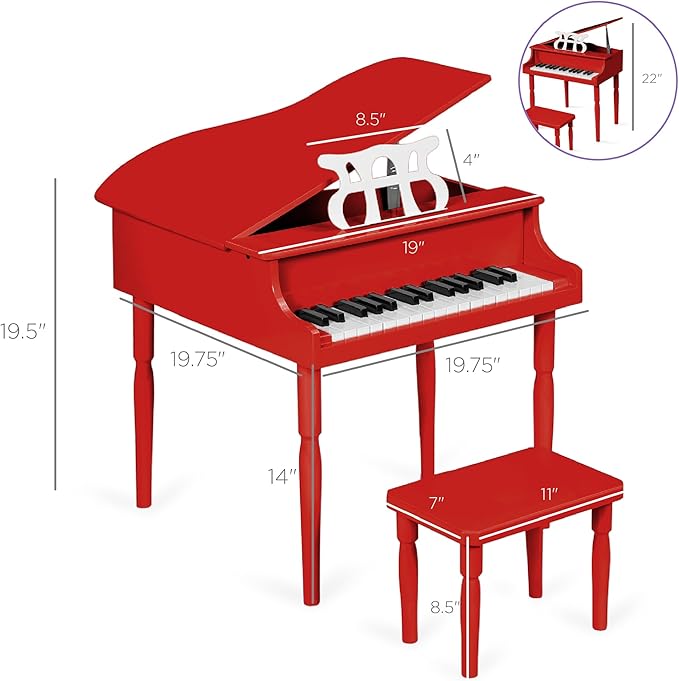 Best Choice Products Kids Classic Wooden 30-Key Mini Grand Piano Musical Instrument Toy w/ Piano Lid, Bench, Foldable Music Rack, Song Book, Note Stickers, Enamel Finish - Red
