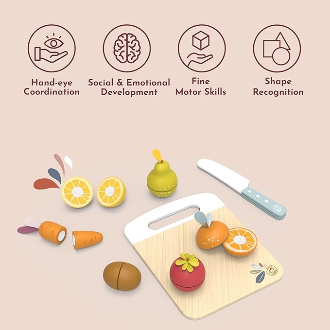 SPEEDY MONKEY Wooden Play Food Set for Toddler – Fruits & Vegetables Cutting Playset, FSC Certified Pretend Food Toy for Kids, Role Play Kitchen Set with Safe Cutting Board & Knife