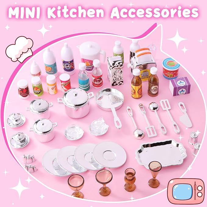 Kitchen Playset for Girls, Play Kitchen Toys for Dolls with Realistic Lights & Sounds, 56PCS Kids Pretend Play Kitchen Toy Accessories, Gifts for Toddlers Girls 3 4 5 6 Year Old