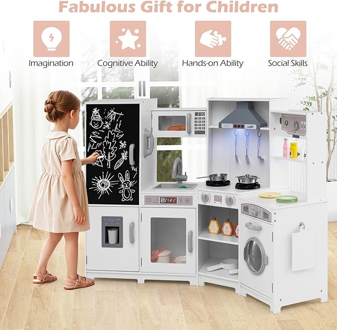 Costzon Corner Play Kitchen w/Lights, Sounds, Large Pretend Play Kitchen Set w/Blackboard, Microwave, Cooking Accessories, Wooden Montessori Sensory Toy for Kids 3+ Years Old (White)