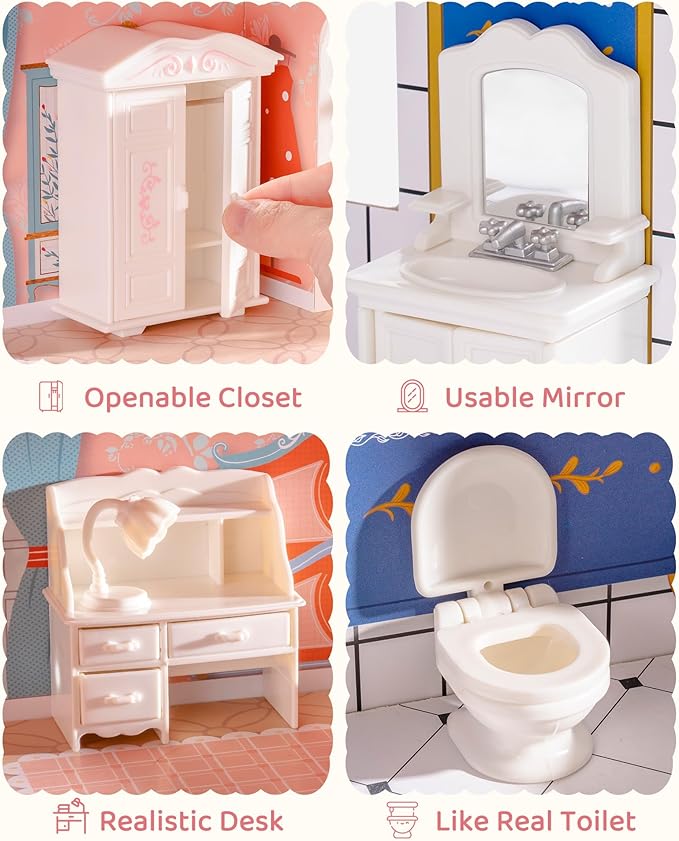 ROBUD Dollhouse Furniture Set, 30pcs Premium Pretend Play Dollhouse Accessories, Doll House Accessories and Furniture for 6 Rooms, for Dollhouse Decoration for Ages 3+