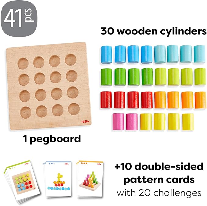 HABA Rainbow Risers Wooden Stacking Game: Montessori Toys for 2 Year Old & Up, Shape Sorter & Wooden Pegboard Preschool Learning Toys with Challenge Cards