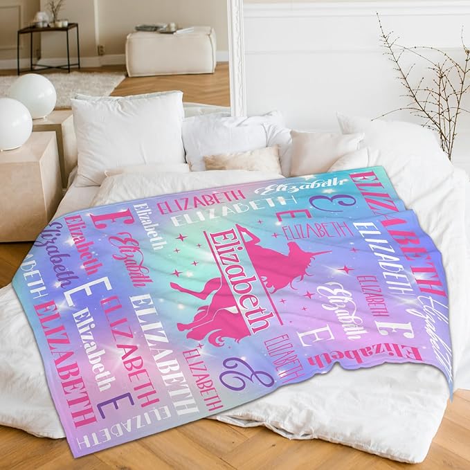 Unicorn Gifts, Personalized Girls Throw Blanket with Name for Kids 4-6, Custom Monogram Blankets for Daughter Niece Toddler, Unicorn Stuff Themed Throws for Cars Travel Camping Party Decor