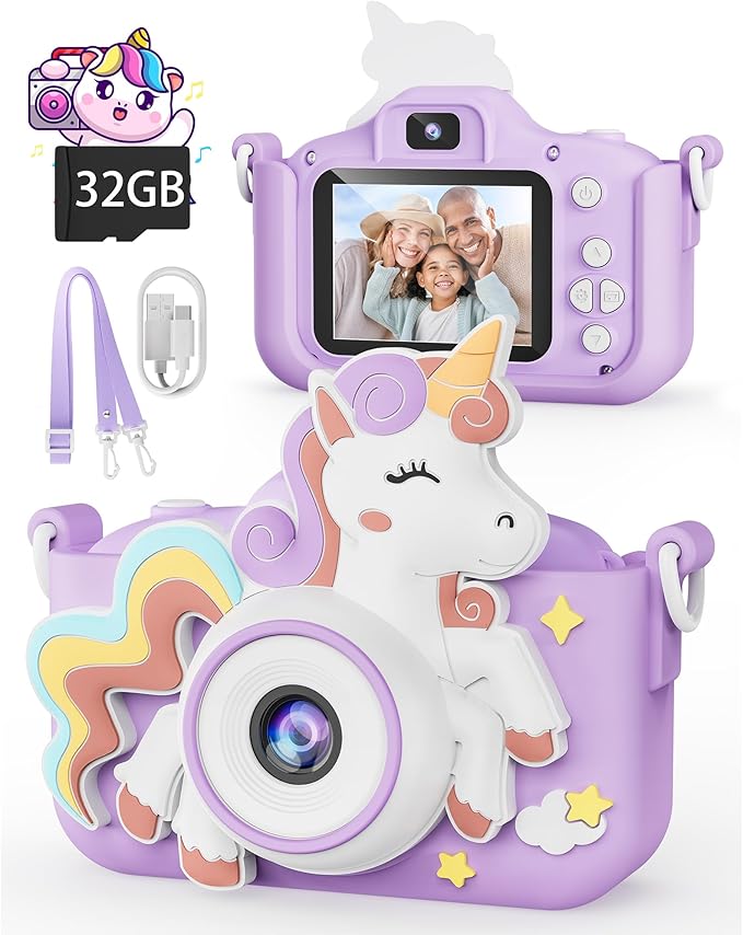 Kikapabi Kids Camera, Unicorn Toys for Girls Boys Age 3-8, Christmas Birthday Gifts for Girls Age 3 4 5 6 7 8, Digital Camera with Silicon Cute Cover for Kids, Toddler Camera with 32G SD Card