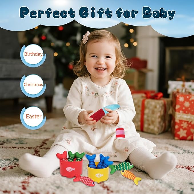 TenFans Montessori Cloth Fishing Game for Toddlers 1-3 Year Old - First Birthday Gift Set with Stacking Cups & Color Sorting - Travel Sensory Toy