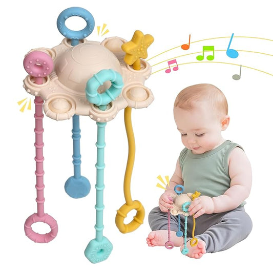 Montesorri-Toys - Montessori Pull String Toy - Made of 100% Food Grade Silicone with Built-in Rattle Function and Easy to Clean Design (Cream Color)