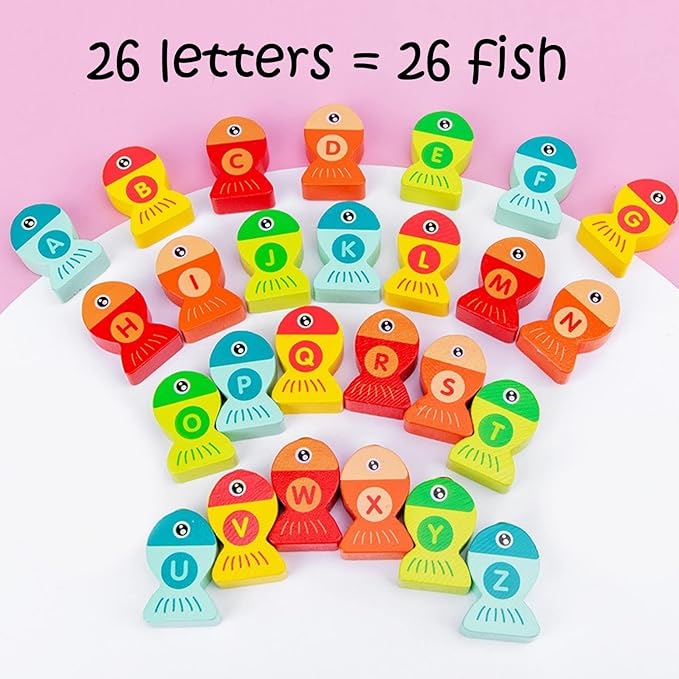 Haktoys Magnetic Wooden Alphabet Fishing Game with Ocean Sticker Book – Montessori ABC Toy with 26 Lettered Fish & 2 Poles – Educational Travel Toy for Toddlers, Boys & Girls Ages 3+