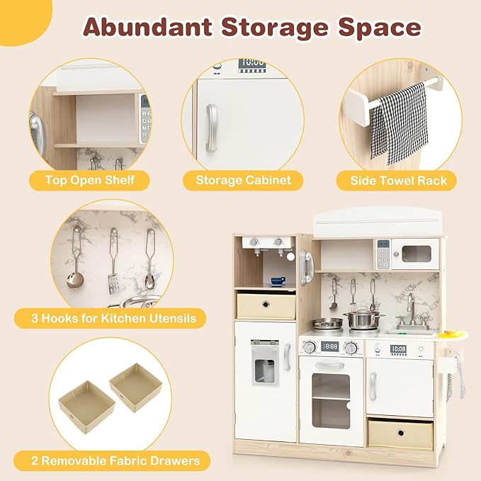 Costzon Kids Kitchen Playset, Wooden Little Chef Pretend Play Kitchen with Deluxe LED Lights, Coffee Maker, Ice Maker, Microwave, Oven, Play Phone, Toddler Kitchen Toy Set for Boys & Girls 3+ (White)