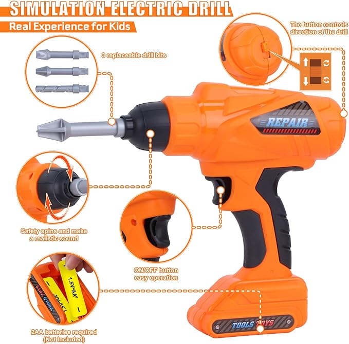 Kids Tool Set,MAGIC4U 52PCS Toddler Tool Set with Electric Drill Toy & Kids Tape Measure, Pretend Play Construction Toys Costume with Tool Belt for Boy Girls Age 3-8