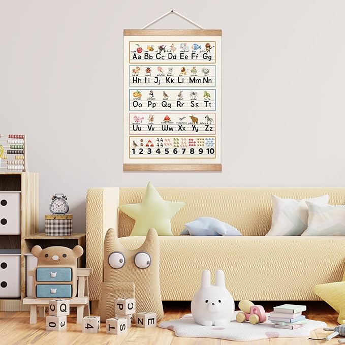 HEYJEEPER Kids Alphabet and Numbers Learning Posters,18.5x14 Inch Linen&Canvas Educational Wall Art with Wood Hanger, ABC 1-10 Chart for Toddlers Classroom Nursery Playroom Decor(Colorful-03)