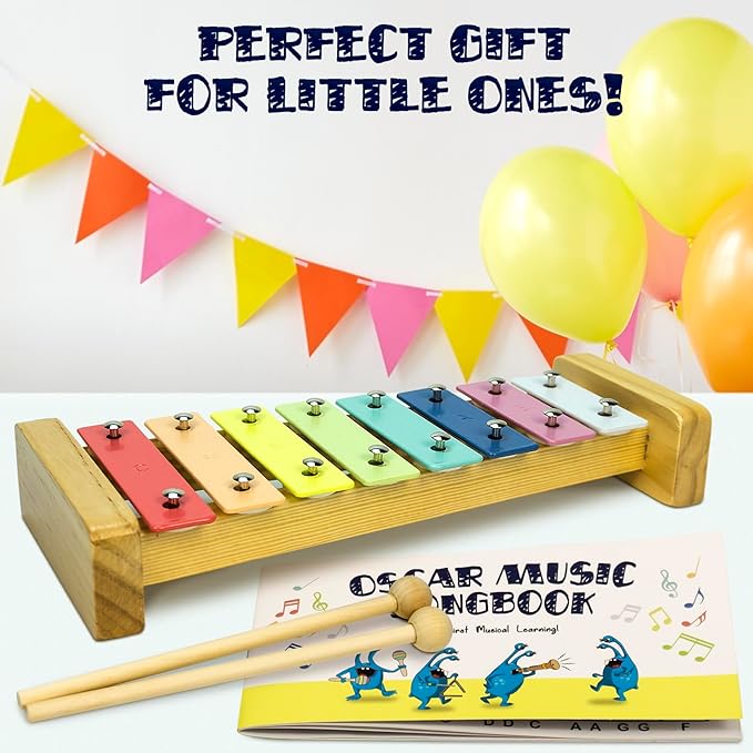 MINIARTIS Baby Musical Instruments Set - Montessori Musical Toys for Toddlers 1-3 | Modern Boho Kids Xylophone with Songbook | Neutral Colors Wooden Percussion Instruments | Preschool Educational 3+