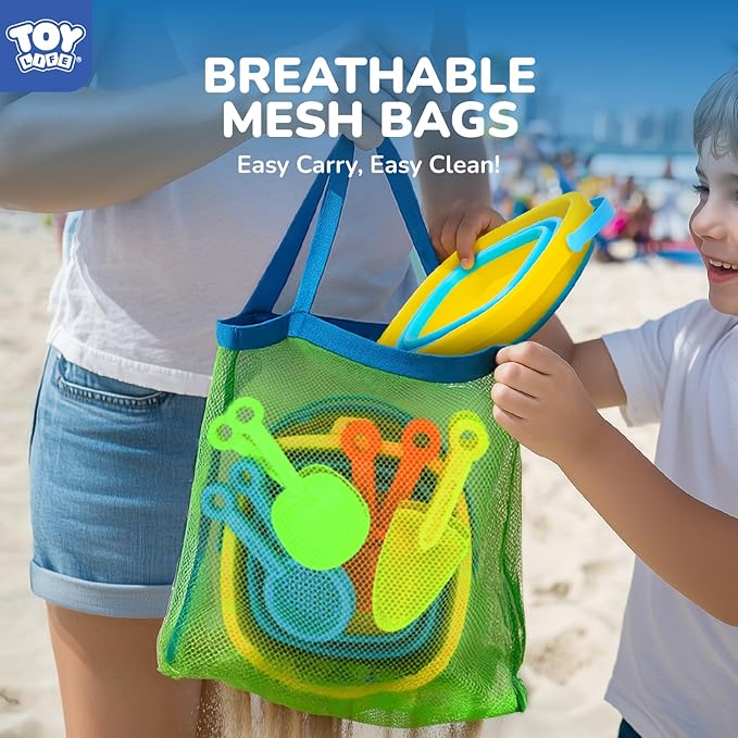 TOY Life Collapsible Beach Toys for Kids with 4 Silicone Collapsible Sand Buckets & 8 Shovels & Mesh Bag, Travel Beach Essentials for Kids Sand Toys Toddlers, Sandbox Toys for Boys Girls Ages 3-5 4-8