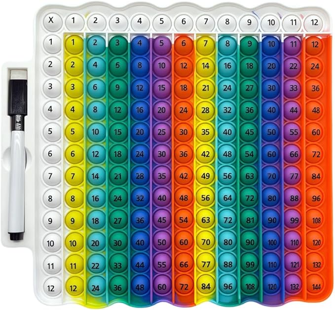 Educational e1 Multiplication Table pop Fidget Toy Rainbow Colors with Dry Erase Marker Stress Relieving Toy Memory Addition Game 3rd Grade pop 12x12 Rainbow Toy Board Math manipulatives