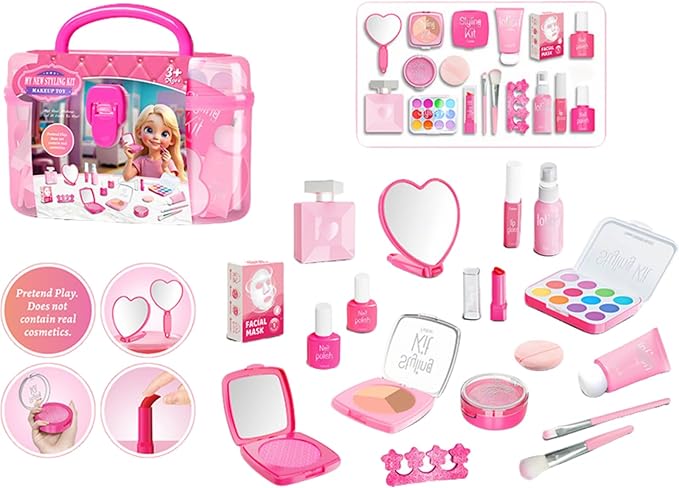 Toddler Pretend Makeup Kit with Storage Box - Fake Makeup Toys for 3-12 Year Old Girls, No Real Cosmetics, Birthday Gift Idea
