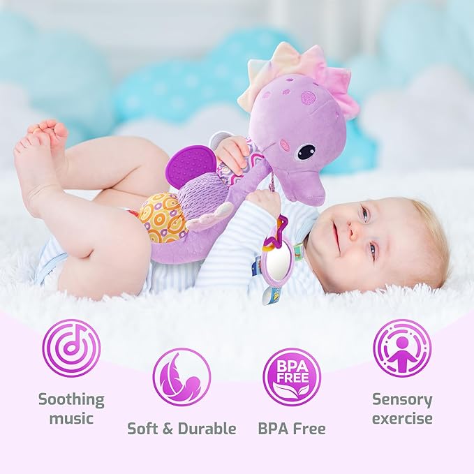 Sumobaby Infant Baby Musical Stuffed Animal Activity Soft Toys with Multi-Sensory Crinkle, Rattle and Textures, for Tummy Time Newborn 0-3-6-12 Months Girls,Seahorses - Purple with Baby Mirror