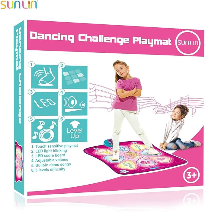 SUNLIN Dance Mat - Rhythm Step Play Mat - Dance Game Toy Pad with LED Lights, Gift for Kids Girls 3-12, Adjustable Volume, Built-in Music, 3 Challenge Levels