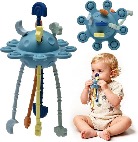 Silicone Baby Sensory Montessori Toys & Pull String Teething Toys for 6-12-18 Months, Toddler Birthday Gift Car Seat Airplane Travel for 1 2 Year Old Boy Girl Infant 8 9 10 Months Old (Blue)